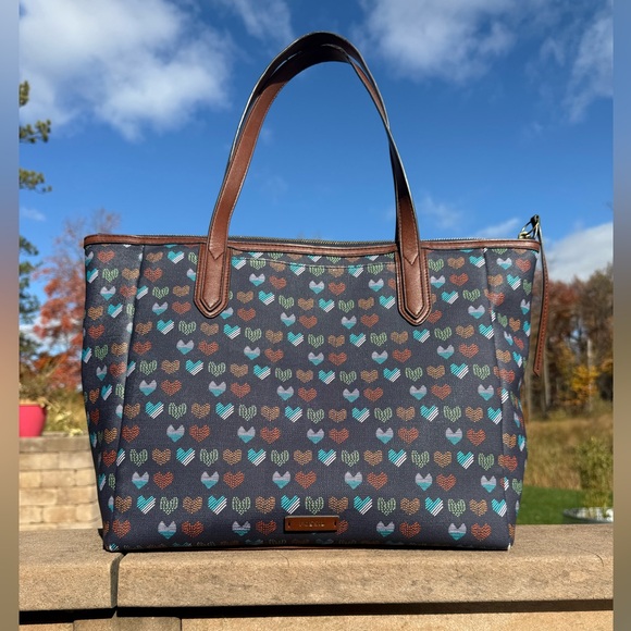 Fossil Handbags - GUC! Fossil Heart Pattern Flag Large Leather Navy Blue Brown Tote Bag